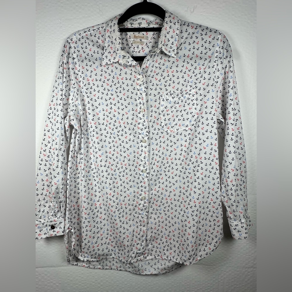 White Anchor Print Button-Up Shirt